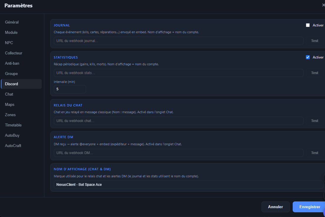 Discord settings: log webhooks, statistics, chat relay and DM alerts
